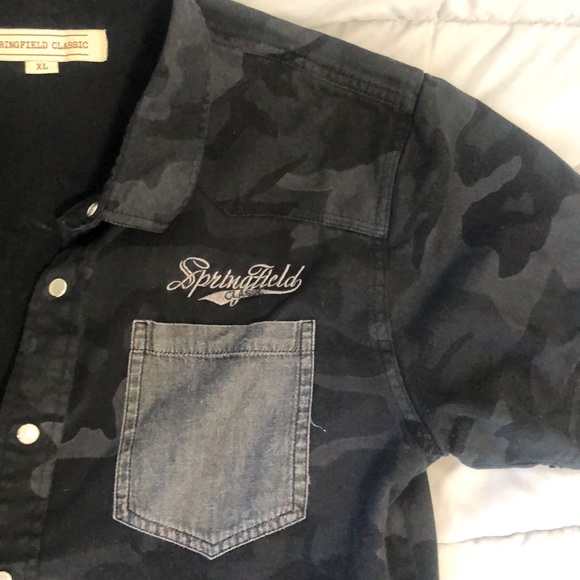 Blue black grey navy camouflage camo buttoned shirt single breast pocket - Picture 2 of 6